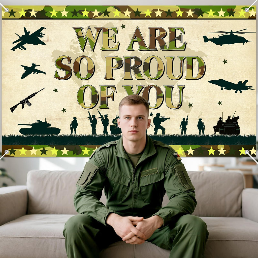 MOORIIY Army Camouflage Banner - We Are So Proud Of You, 72.8x43.3 Inch Polyester Patriotic Decor for Memorial Day, Veterans Day, Homecoming