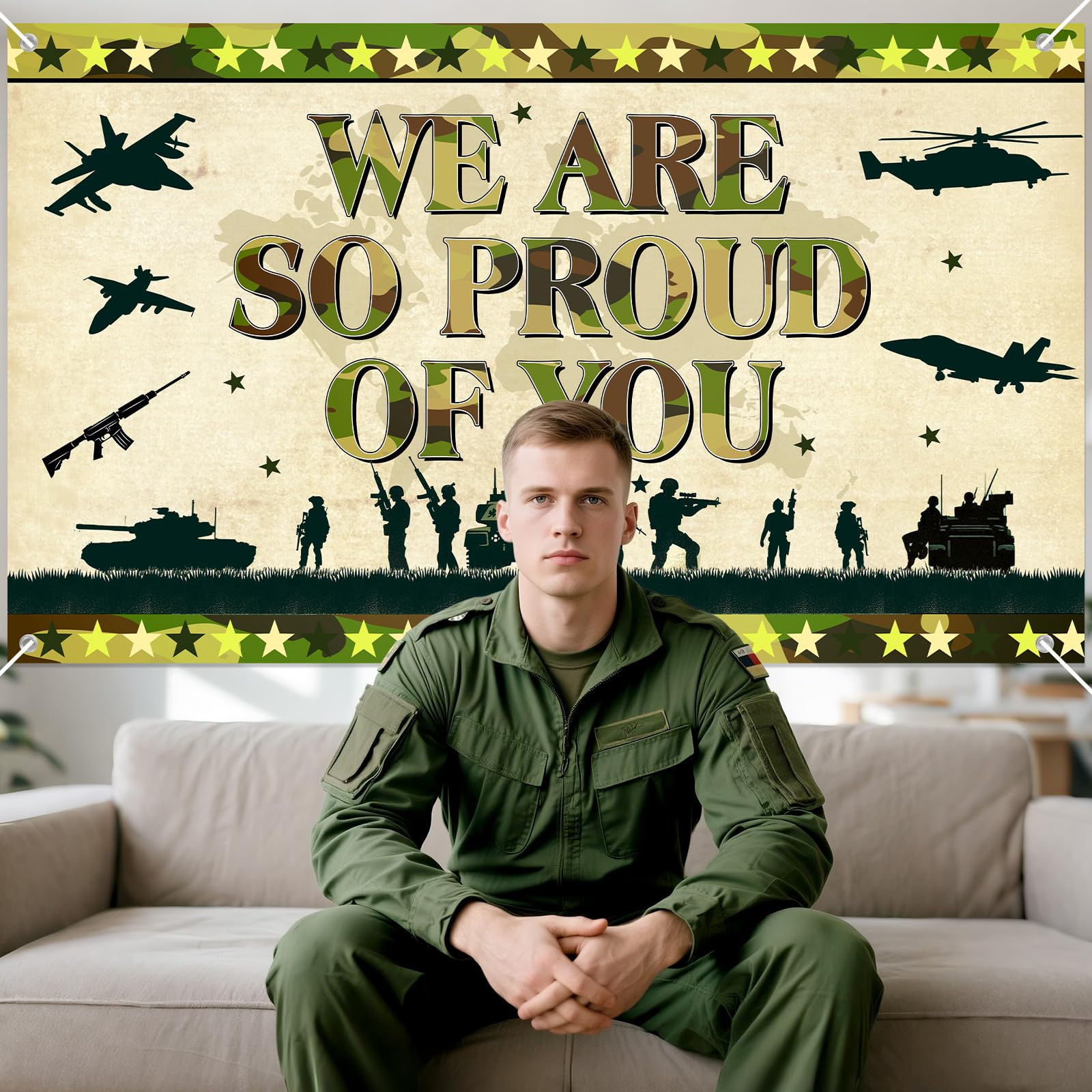 MOORIIY Army Camouflage Banner - We Are So Proud Of You, 72.8x43.3 Inch Polyester Patriotic Decor for Memorial Day, Veterans Day, Homecoming
