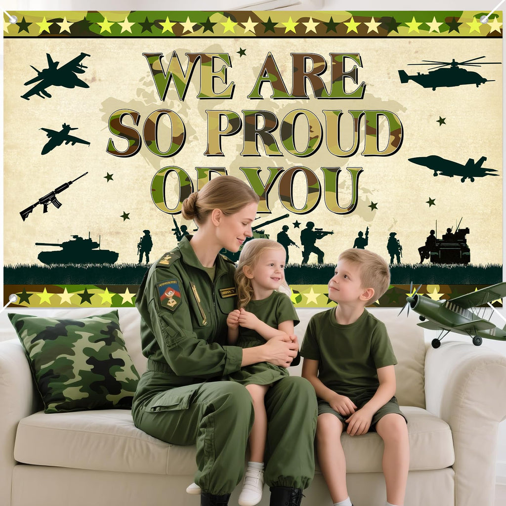 MOORIIY Army Camouflage Banner - We Are So Proud Of You, 72.8x43.3 Inch Polyester Patriotic Decor for Memorial Day, Veterans Day, Homecoming