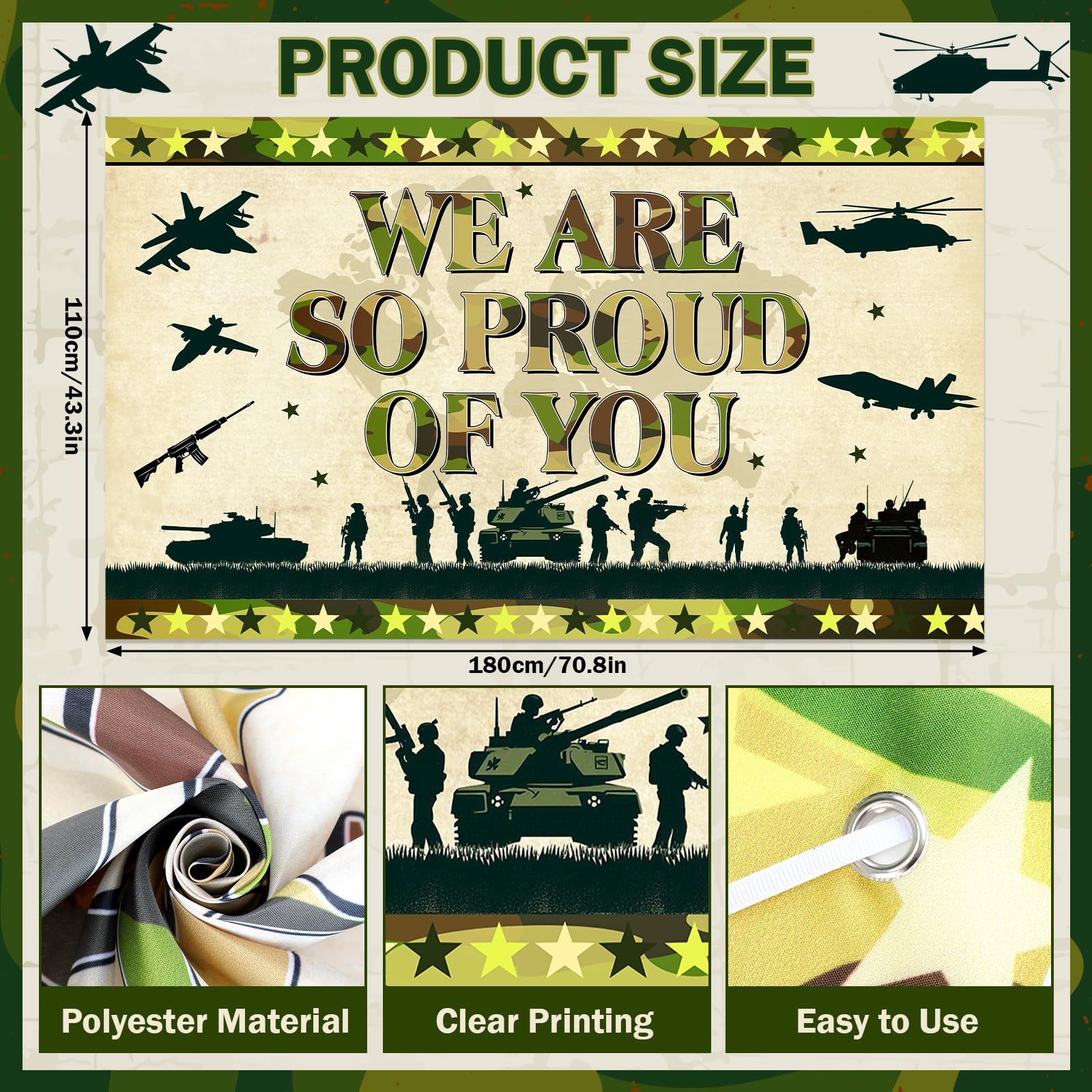 MOORIIY Army Camouflage Banner - We Are So Proud Of You, 72.8x43.3 Inch Polyester Patriotic Decor for Memorial Day, Veterans Day, Homecoming