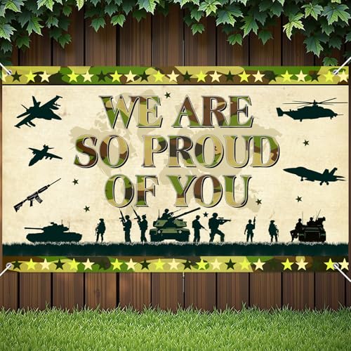MOORIIY Army Camouflage Banner - We Are So Proud Of You, 72.8x43.3 Inch Polyester Patriotic Decor for Memorial Day, Veterans Day, Homecoming