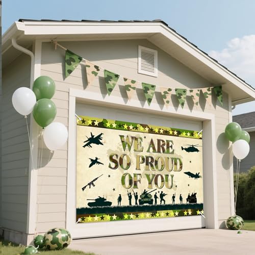 MOORIIY Army Camouflage Banner - We Are So Proud Of You, 72.8x43.3 Inch Polyester Patriotic Decor for Memorial Day, Veterans Day, Homecoming