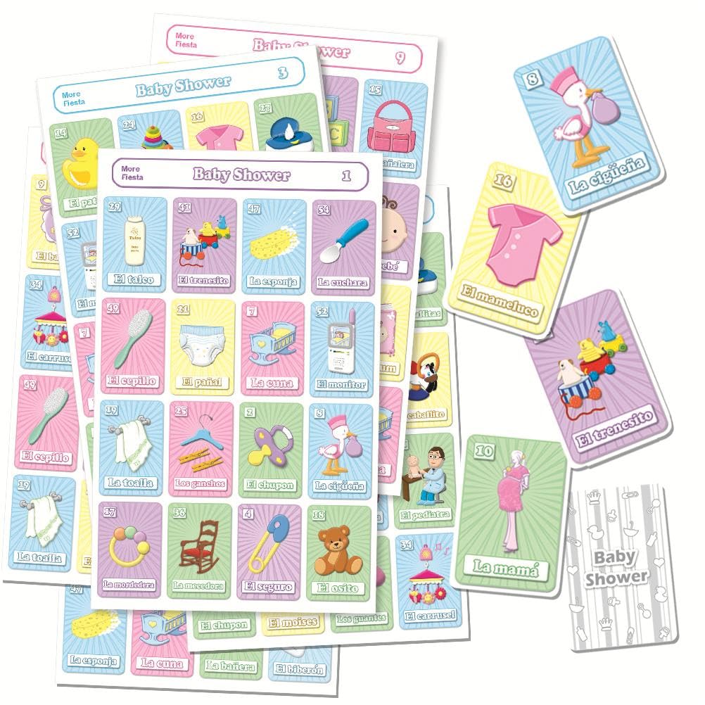 More Fiesta Baby Shower Bingo Game in Spanish – 20 Boards, 54 Cards for 20 Players