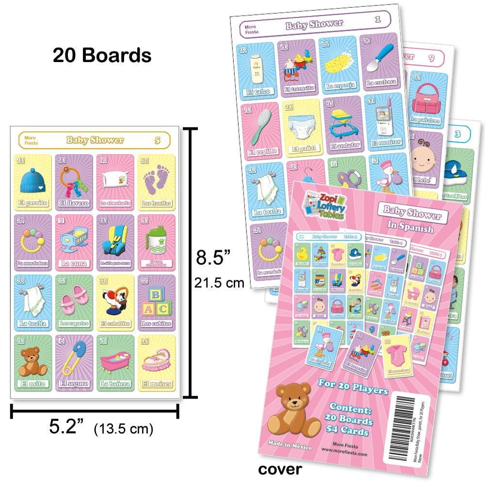 More Fiesta Baby Shower Bingo Game in Spanish – 20 Boards, 54 Cards for 20 Players
