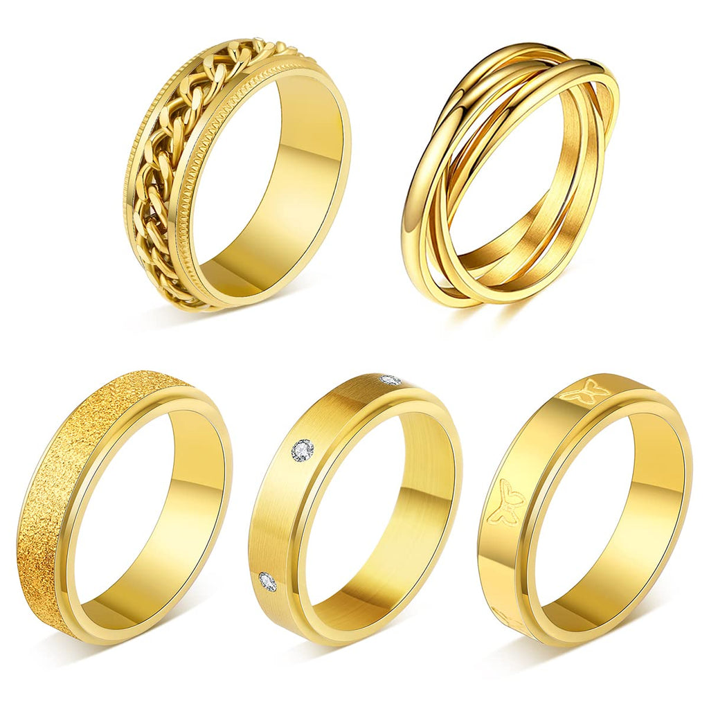 MOROYA 5-Pack 18K Gold Plated Fidget Rings for Anxiety – Stainless Steel Spinner Rings Set