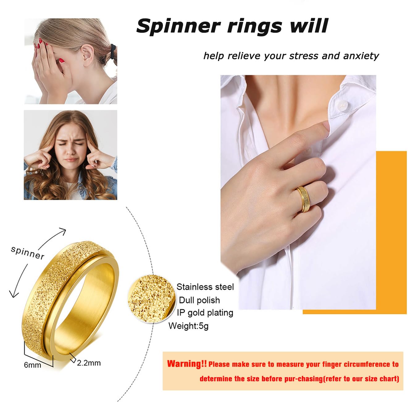 MOROYA 5-Piece 18K Gold Plated Fidget Rings for Anxiety - Stainless Steel Spinner Ring Set with CZ Inlay, Butterfly & Chain Designs (Sizes 6-9)