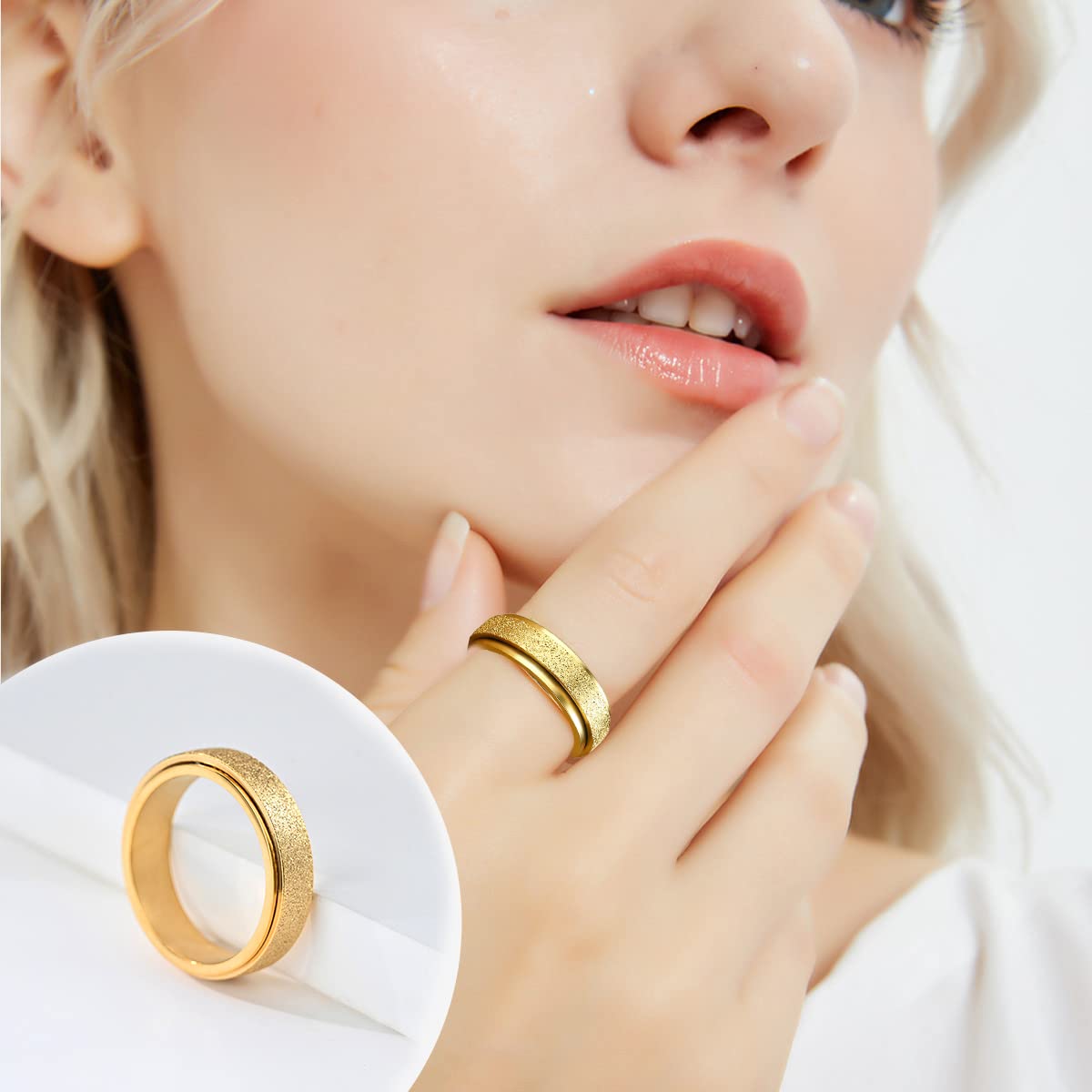 MOROYA 5-Piece 18K Gold Plated Fidget Rings Set – Stainless Steel Spinner Rings for Anxiety Relief (Size 8)