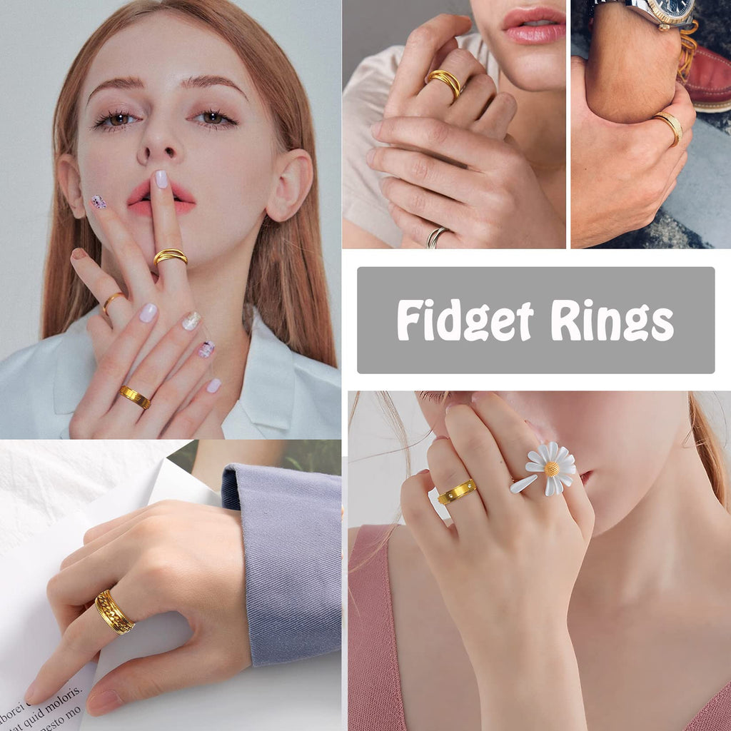 MOROYA 5-Piece 18K Gold Plated Fidget Rings Set – Stainless Steel Spinner Rings for Anxiety Relief (Size 8)