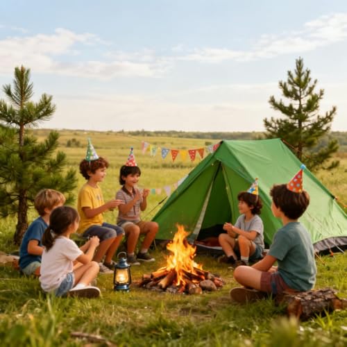 Morruo Miniature Camping Scene Set – Green Tent, Campfire, Boat & Trees Plastic Cake Topper