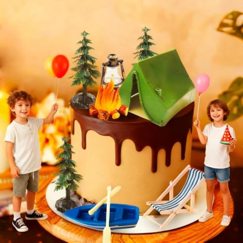 Morruo Miniature Camping Scene Set – Green Tent, Campfire, Boat & Trees Plastic Cake Topper