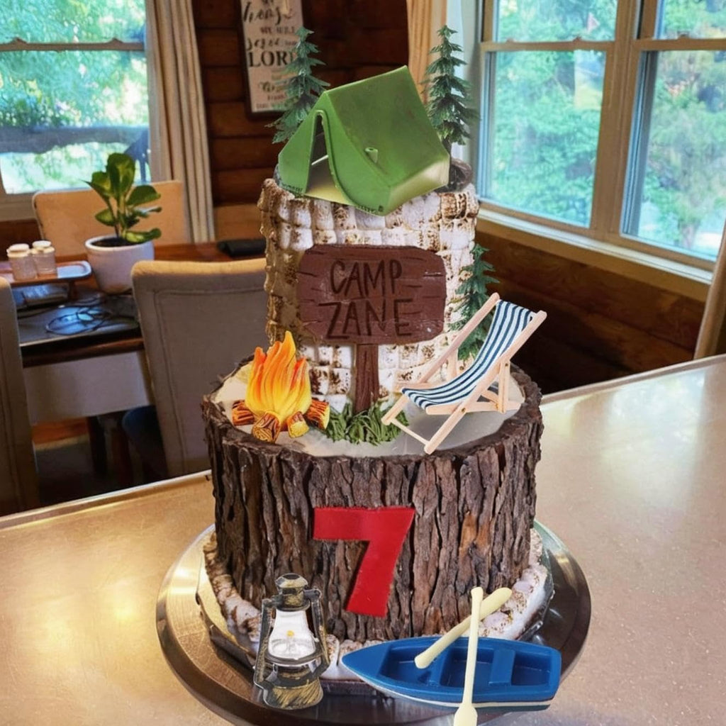 Morruo Miniature Camping Scene Set – Green Tent, Campfire, Boat & Trees Plastic Cake Topper