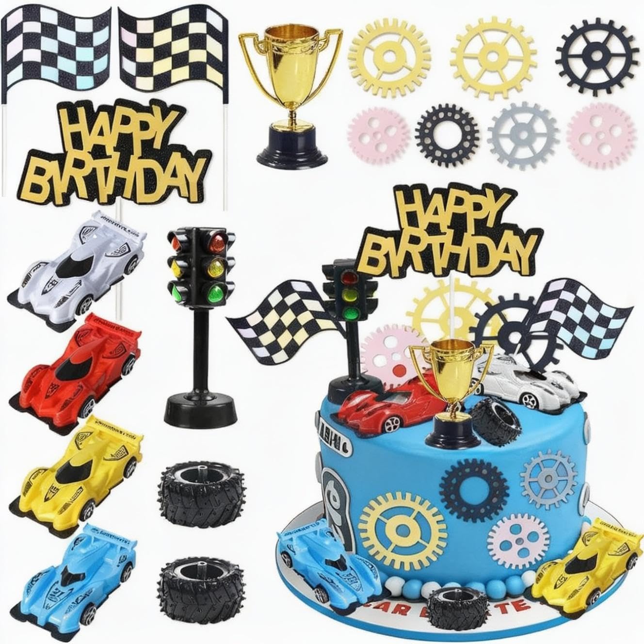 Morruo Racing Car Cake Topper Set - 18 Pieces with Toy Cars, Trophy, Traffic Light, Checkered Flags, Gear Wheels for Birthday Party Decoration