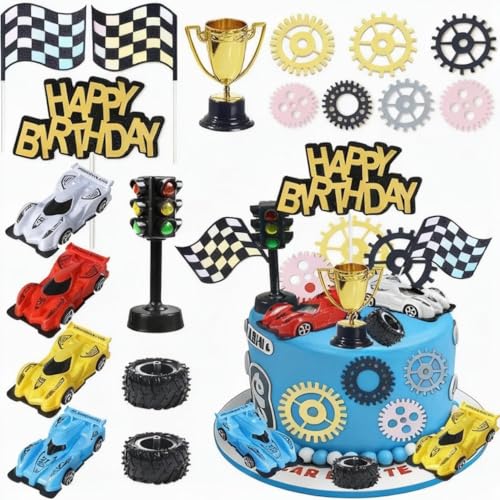 Morruo Racing Car Cake Topper Set - 18 Pieces with Toy Cars, Trophy, Traffic Light, Checkered Flags, Gear Wheels for Birthday Party Decoration