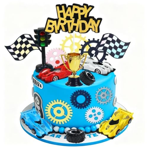 Morruo Racing Car Cake Topper Set - 18 Pieces with Toy Cars, Trophy, Traffic Light, Checkered Flags, Gear Wheels for Birthday Party Decoration
