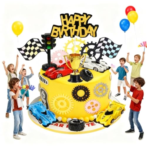 Morruo Racing Car Cake Topper Set - 18 Pieces with Toy Cars, Trophy, Traffic Light, Checkered Flags, Gear Wheels for Birthday Party Decoration
