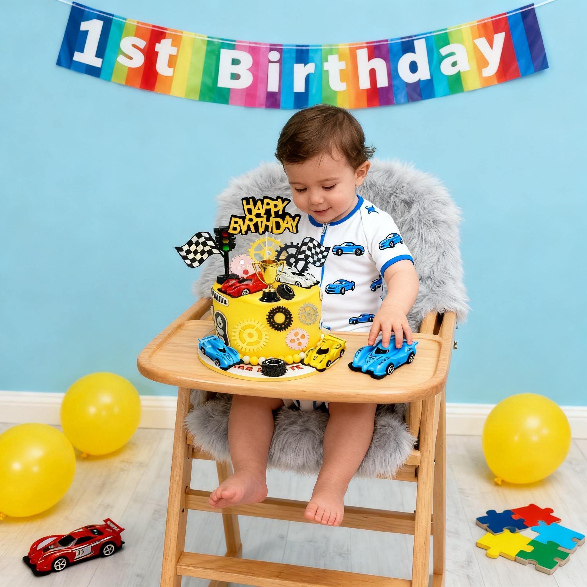 Morruo Racing Car Cake Topper Set - 18 Pieces with Toy Cars, Trophy, Traffic Light, Checkered Flags, Gear Wheels for Birthday Party Decoration