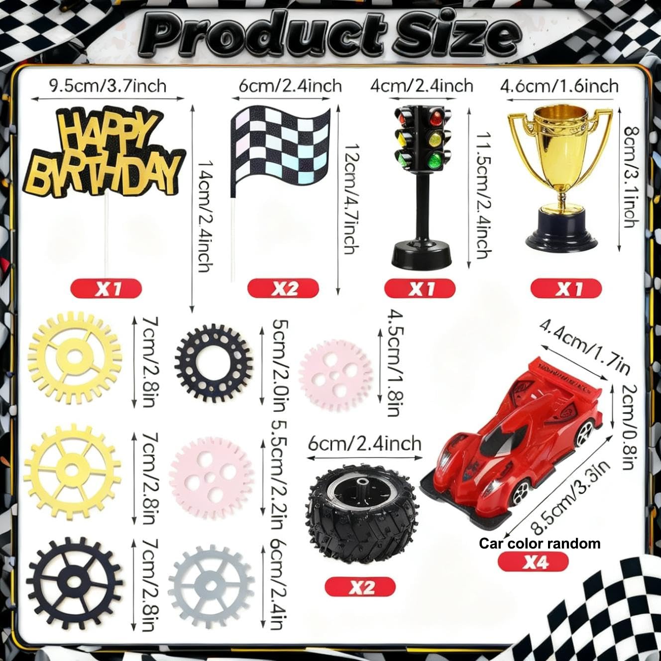 Morruo Racing Car Cake Topper Set - 18 Pieces with Toy Cars, Trophy, Traffic Light, Checkered Flags, Gear Wheels for Birthday Party Decoration