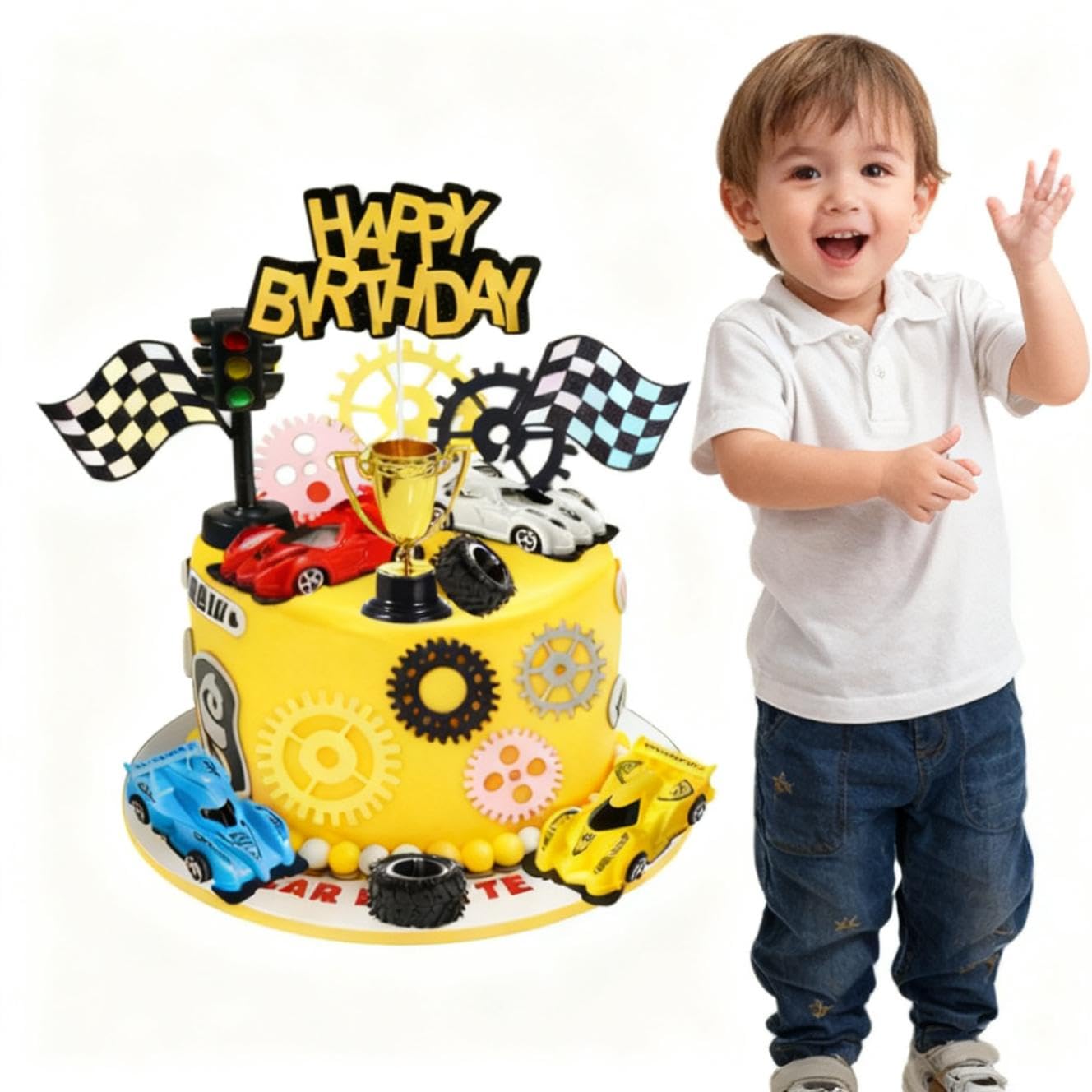 Morruo Racing Car Cake Topper Set - 18 Pieces with Toy Cars, Trophy, Traffic Light, Checkered Flags, Gear Wheels for Birthday Party Decoration