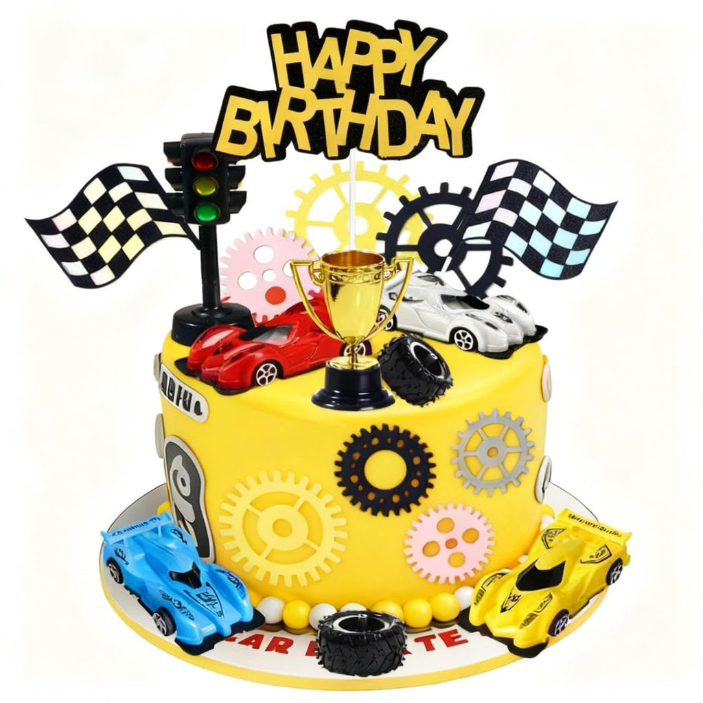 Morruo Racing Car Cake Topper Set - 18 Pieces with Toy Cars, Trophy, Traffic Light, Checkered Flags, Gear Wheels for Birthday Party Decoration