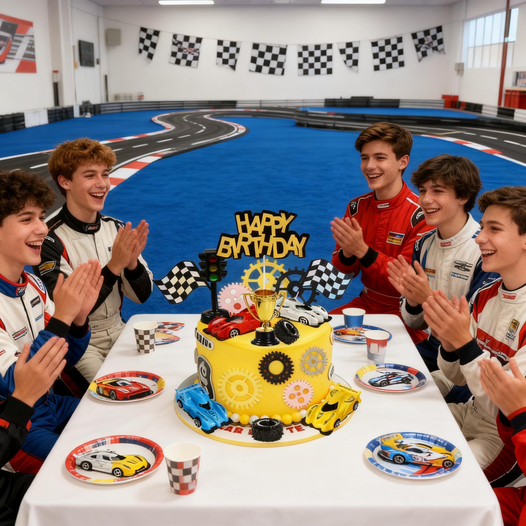 Morruo Racing Car Cake Topper Set - 18 Pieces with Toy Cars, Trophy, Traffic Light, Checkered Flags, Gear Wheels for Birthday Party Decoration