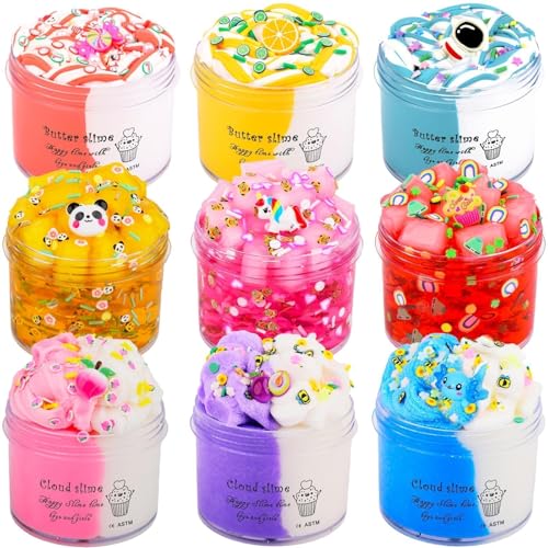MOSHRERUHUA 9 Pack Axolotl Slime Kit: 3 Jelly Cube, 3 Cloud, 3 Butter Slimes - Stretchy, Soft, Non-Sticky - Safe for Kids Ages 3+