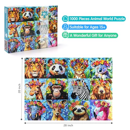 Motiloo 1000-Piece Colorful Mosaic Wildlife Jigsaw Puzzle – Jungle Animals with Flower Crowns, 28x20 Inch, Includes Poster