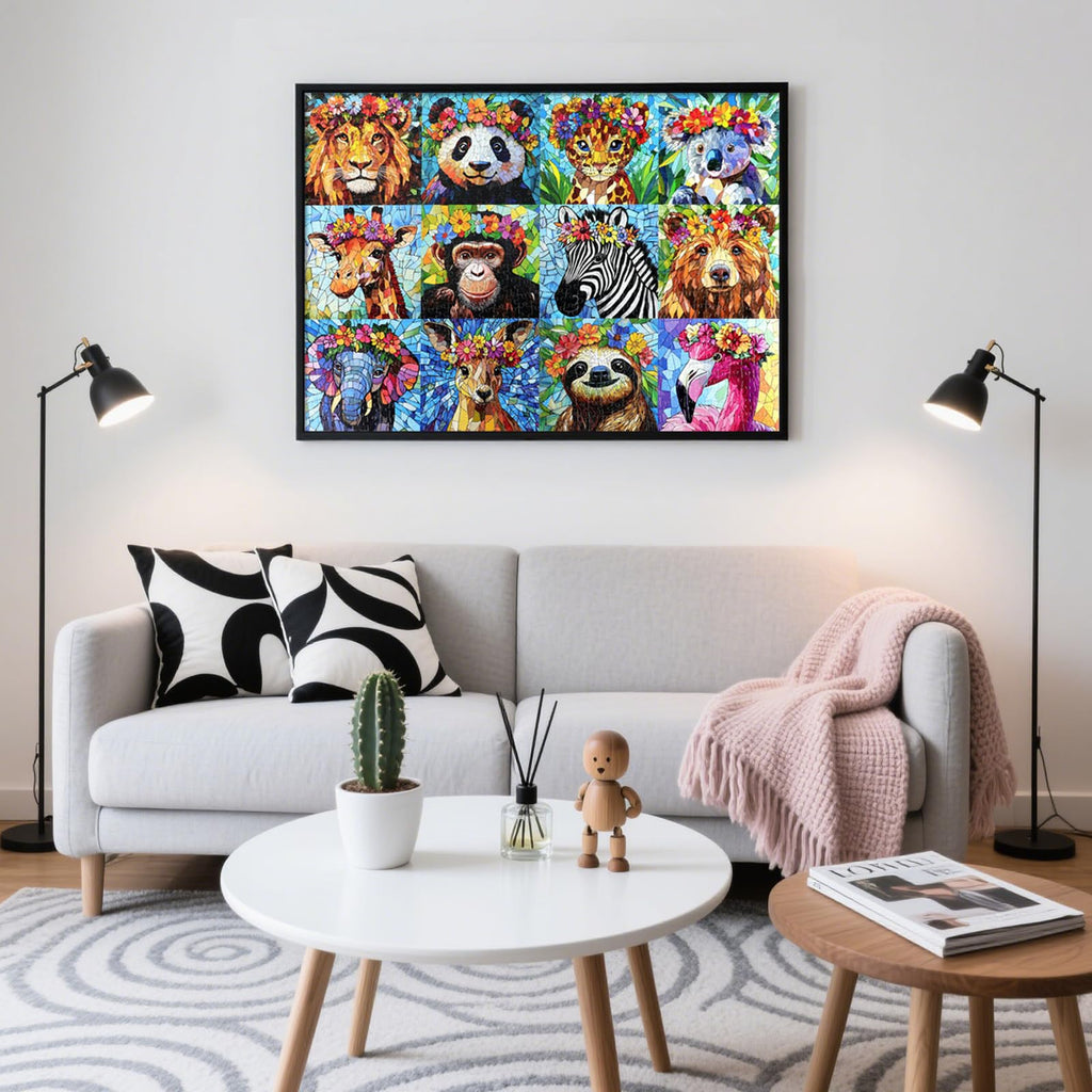 Motiloo 1000-Piece Colorful Mosaic Wildlife Jigsaw Puzzle – Jungle Animals with Flower Crowns, 28x20 Inch, Includes Poster