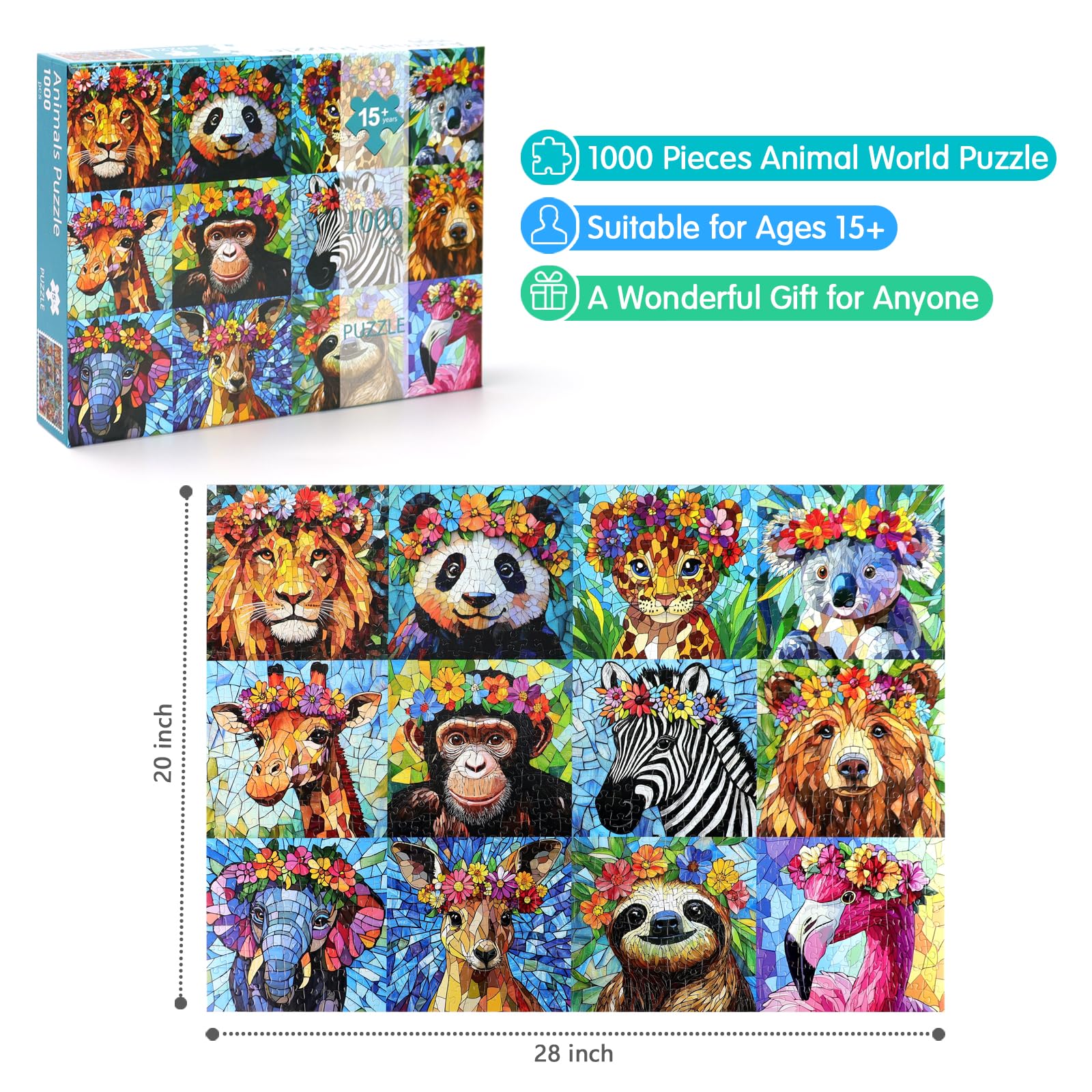 Motiloo 1000-Piece Colorful Mosaic Wildlife Jigsaw Puzzle – Jungle Animals with Flower Crowns, 28x20 Inch, Includes Poster