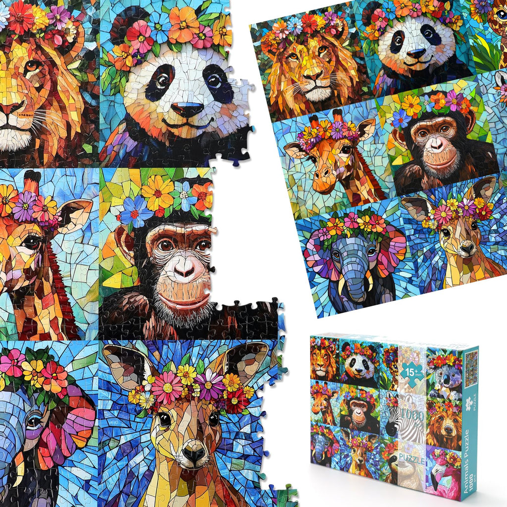 Motiloo 1000-Piece Colorful Mosaic Wildlife Jigsaw Puzzle – Jungle Animals with Flower Crowns, 28x20 Inch, Includes Poster