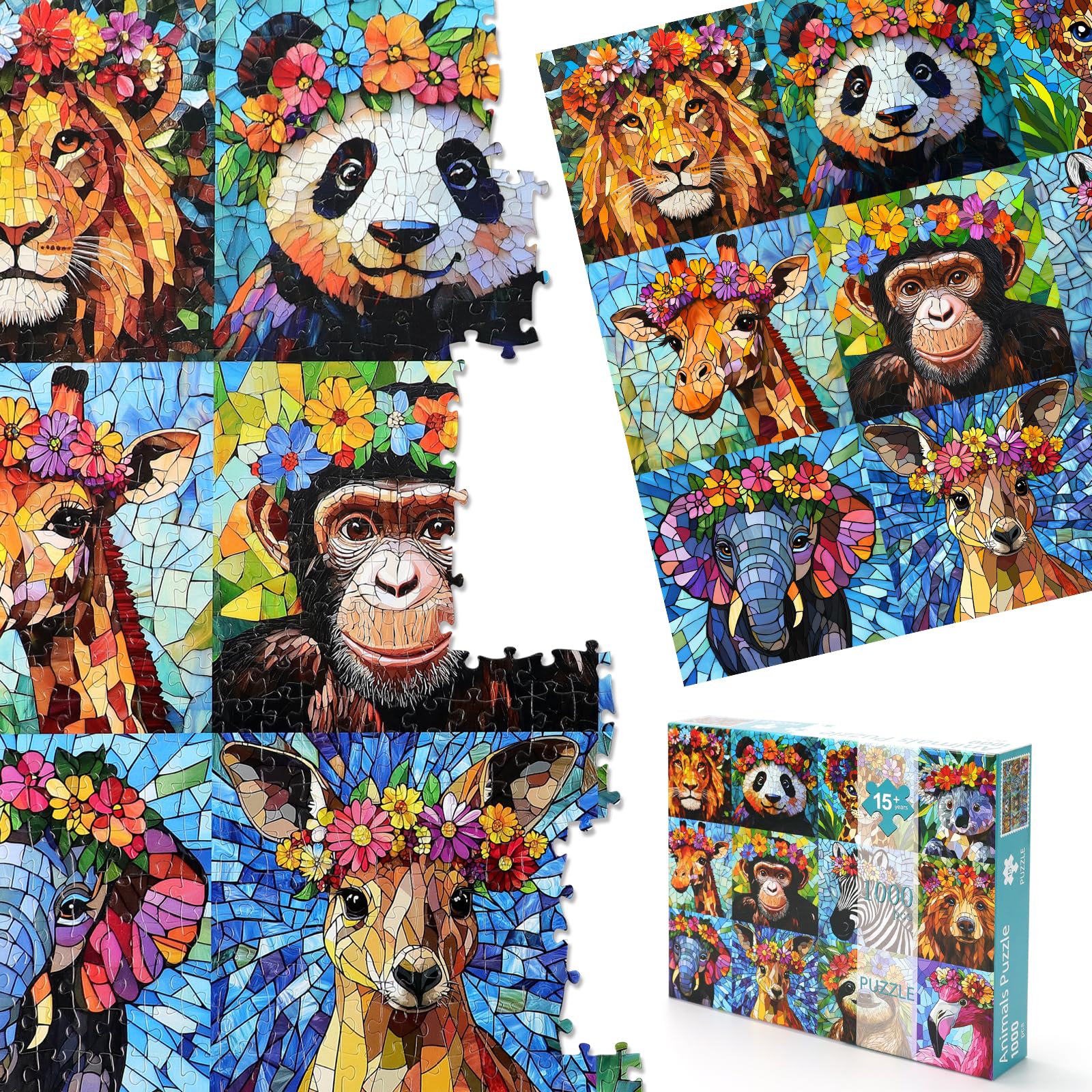 Motiloo 1000-Piece Colorful Mosaic Wildlife Jigsaw Puzzle – Jungle Animals with Flower Crowns, 28x20 Inch, Includes Poster