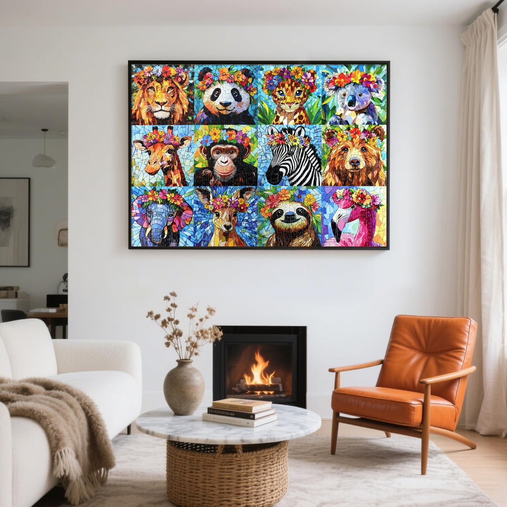 Motiloo 1000-Piece Colorful Mosaic Wildlife Jigsaw Puzzle – Jungle Animals with Flower Crowns, 28x20 Inch, Includes Poster