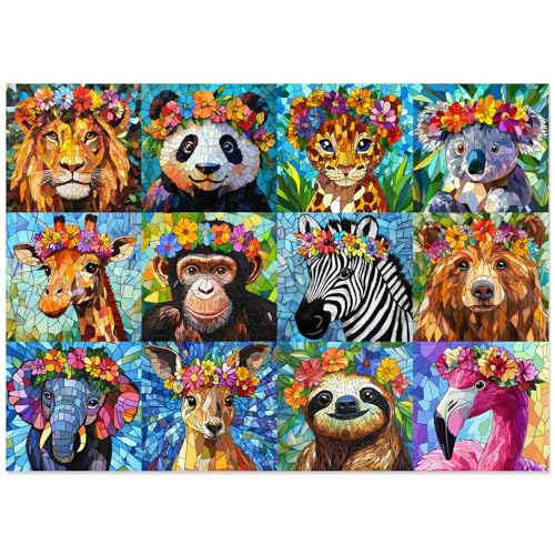 Motiloo 1000-Piece Colorful Mosaic Wildlife Jigsaw Puzzle – Jungle Animals with Flower Crowns, 28x20 Inch, Includes Poster