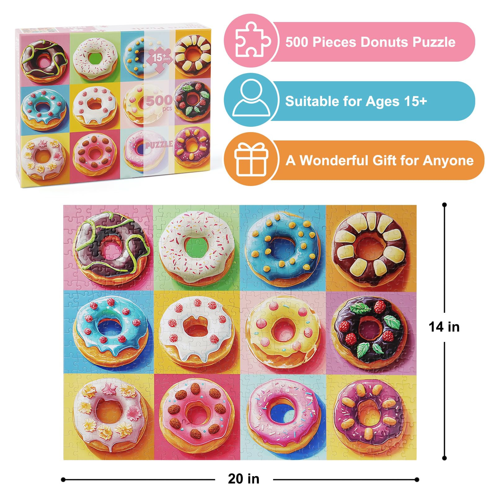 Motiloo 500-Piece Donut Puzzle for Adults – Colorful Jigsaw with Numbered Backing, 20×14 Inch