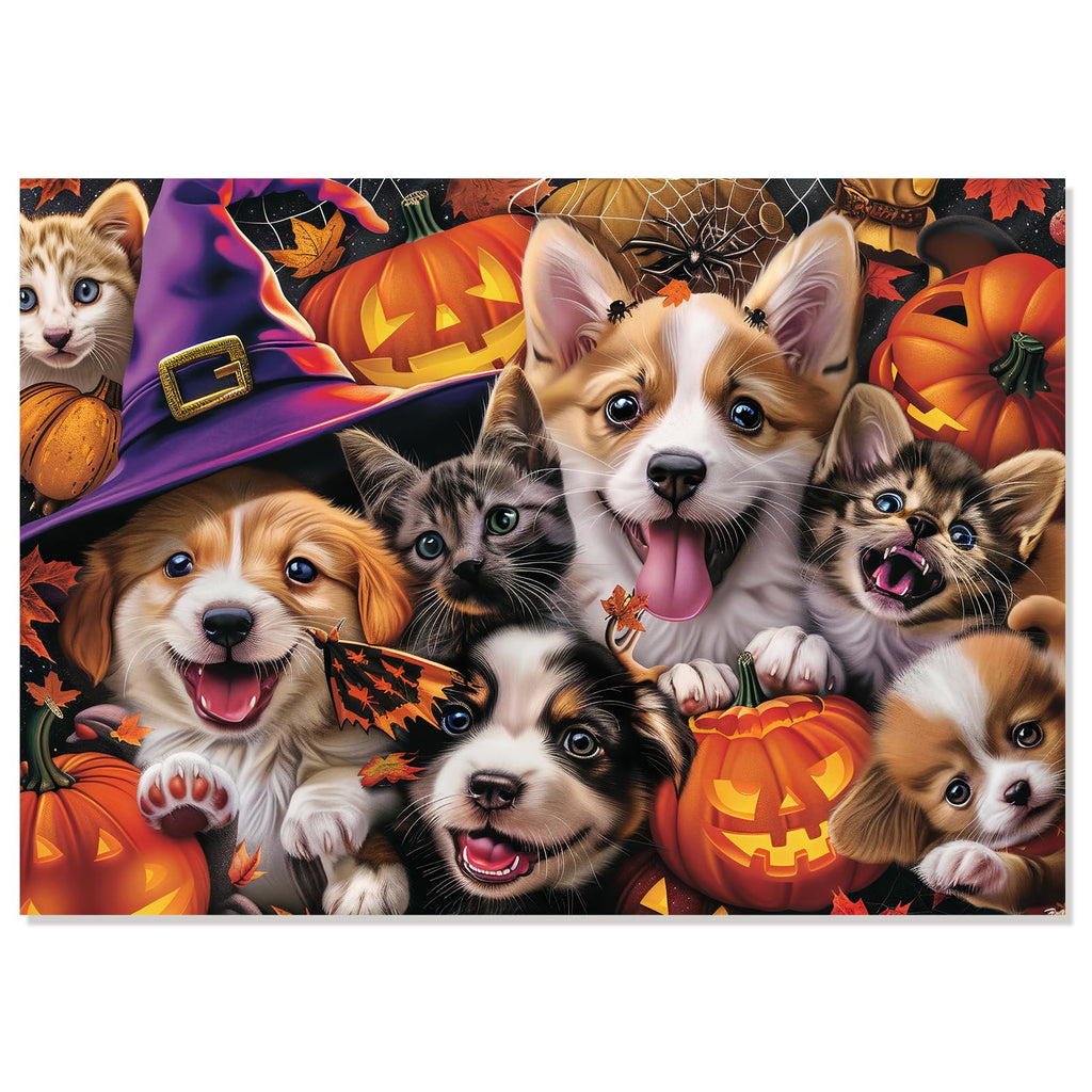 Motiloo 500 Piece Halloween Pet Jigsaw Puzzle – Cute Dogs & Cats Carnival Scene, Numbered Pieces
