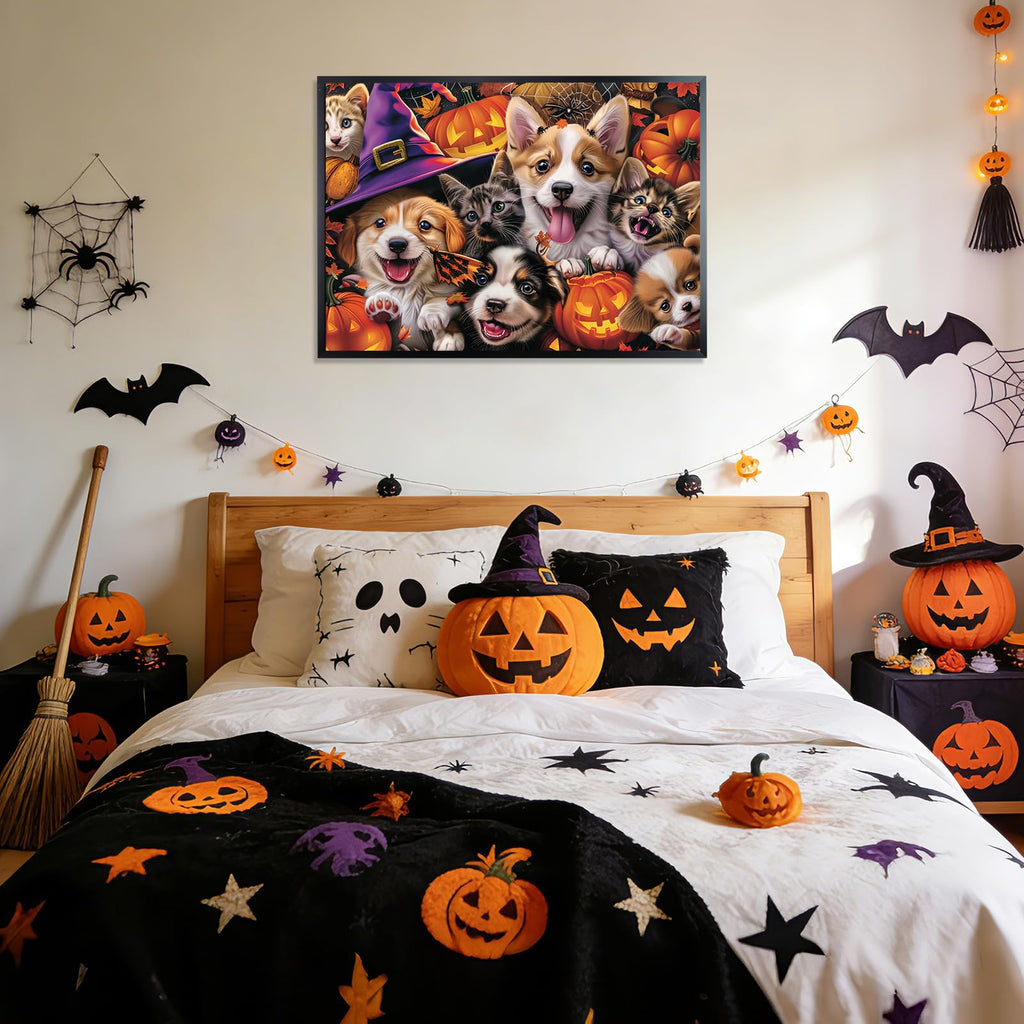 Motiloo 500 Piece Halloween Pet Jigsaw Puzzle – Cute Dogs & Cats Carnival Scene, Numbered Pieces