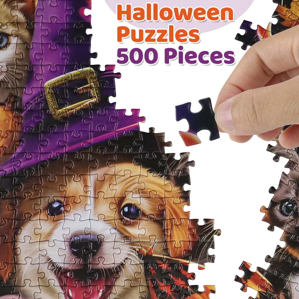 Motiloo 500 Piece Halloween Pet Jigsaw Puzzle – Cute Dogs & Cats Carnival Scene, Numbered Pieces
