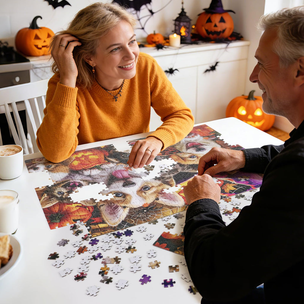 Motiloo 500 Piece Halloween Pet Jigsaw Puzzle – Cute Dogs & Cats Carnival Scene, Numbered Pieces