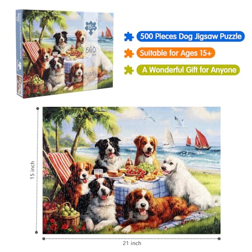 Motiloo 500 Piece Jigsaw Puzzle for Adults – Dogs at Beach Scene, 21x15 Inches, Includes Reference Poster and Numbered Backing