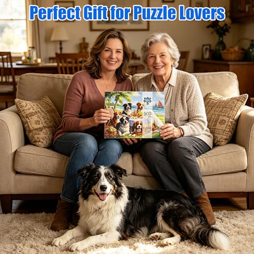 Motiloo 500 Piece Jigsaw Puzzle for Adults – Dogs at Beach Scene, 21x15 Inches, Includes Reference Poster and Numbered Backing