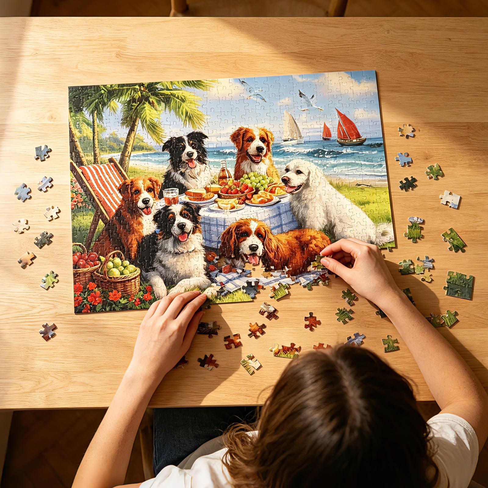 Motiloo 500 Piece Jigsaw Puzzle for Adults – Dogs at Beach Scene, 21x15 Inches, Includes Reference Poster and Numbered Backing