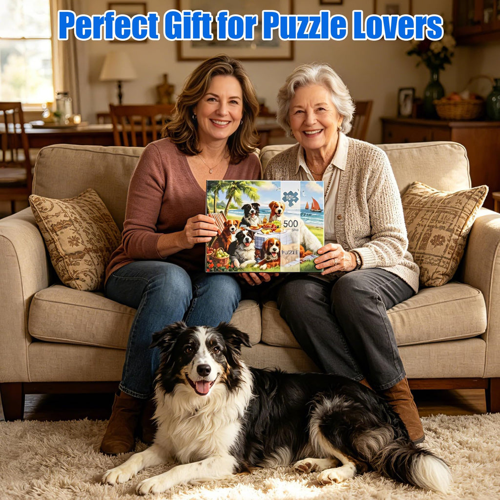 Motiloo 500 Piece Jigsaw Puzzle for Adults – Dogs at Beach Scene, 21x15 Inches, Includes Reference Poster and Numbered Backing