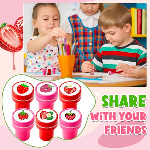 MotiMind 24 Pack Strawberry Self-Inking Mini Stampers – 12 Unique Designs for Party Favors, Classroom Rewards, Carnival Prizes & DIY Crafts