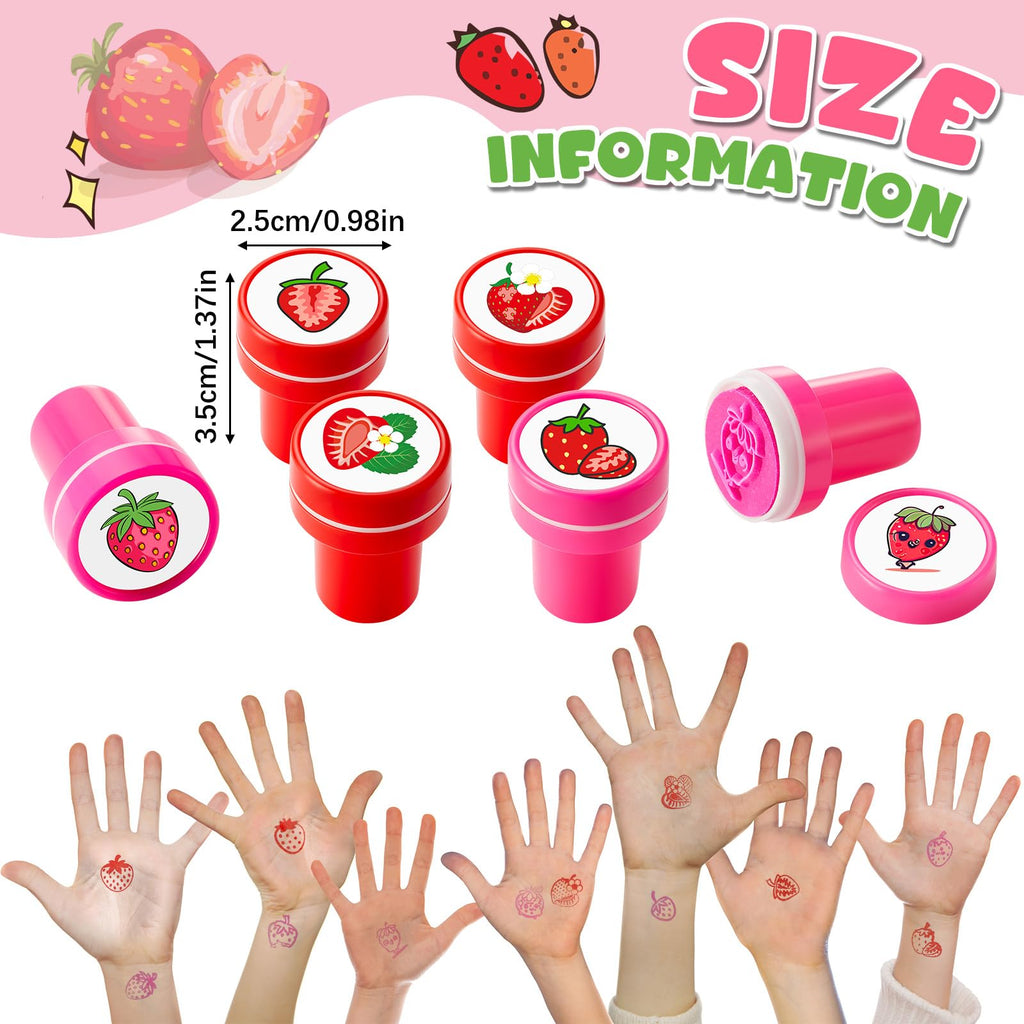 MotiMind 24 Pack Strawberry Self-Inking Mini Stampers – 12 Unique Designs for Party Favors, Classroom Rewards, Carnival Prizes & DIY Crafts