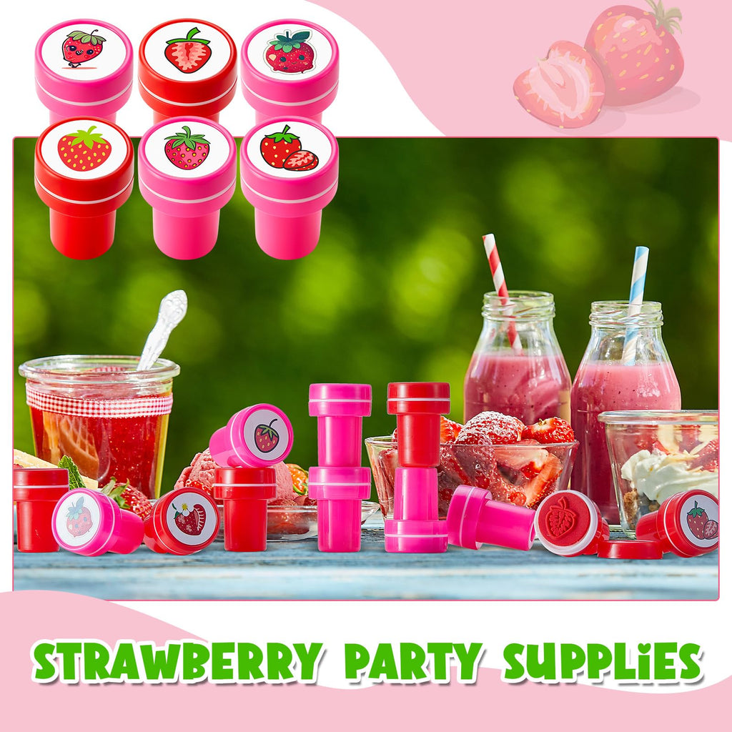 MotiMind 24 Pack Strawberry Self-Inking Mini Stampers – 12 Unique Designs for Party Favors, Classroom Rewards, Carnival Prizes & DIY Crafts