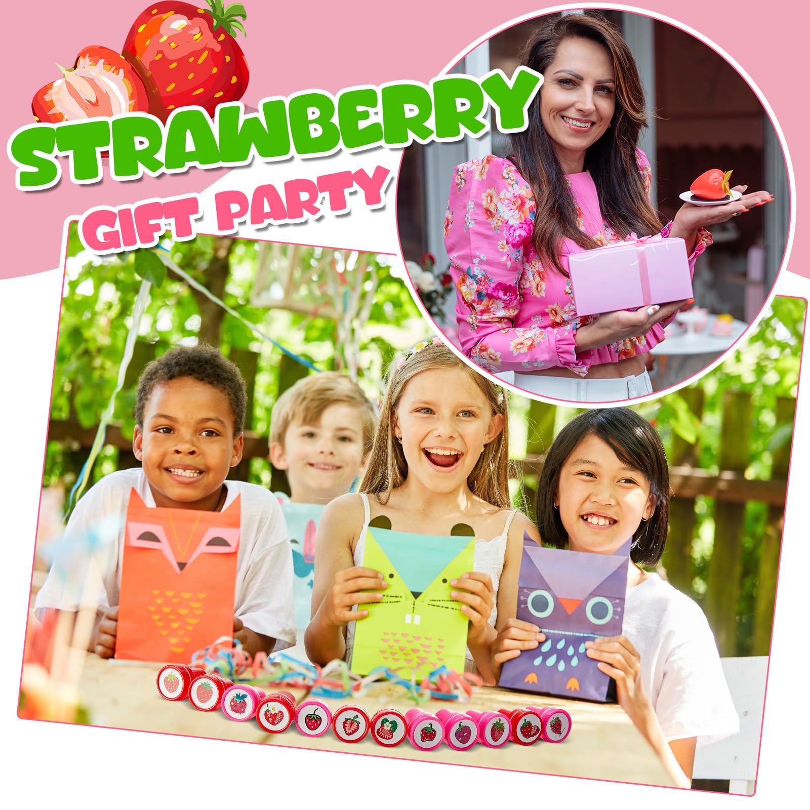 MotiMind 24 Pack Strawberry Self-Inking Mini Stampers – 12 Unique Designs for Party Favors, Classroom Rewards, Carnival Prizes & DIY Crafts