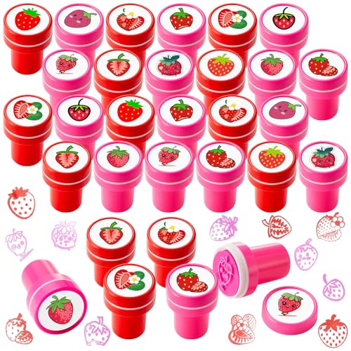 MotiMind 24 Pack Strawberry Self-Inking Mini Stampers – 12 Unique Designs for Party Favors, Classroom Rewards, Carnival Prizes & DIY Crafts