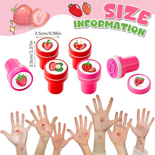 MotiMind 24 Pack Strawberry Self-Inking Mini Stampers – 12 Unique Designs for Party Favors, Classroom Rewards, Carnival Prizes & DIY Crafts