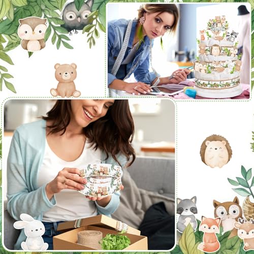 MotiMind Woodland Baby Shower DIY Diaper Cake Decoration Kit – Neutral Forest Animals, Burlap Ribbon, Sage Green Leaves