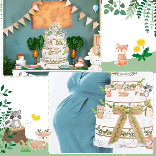 MotiMind Woodland Baby Shower DIY Diaper Cake Decoration Kit – Neutral Forest Animals, Burlap Ribbon, Sage Green Leaves