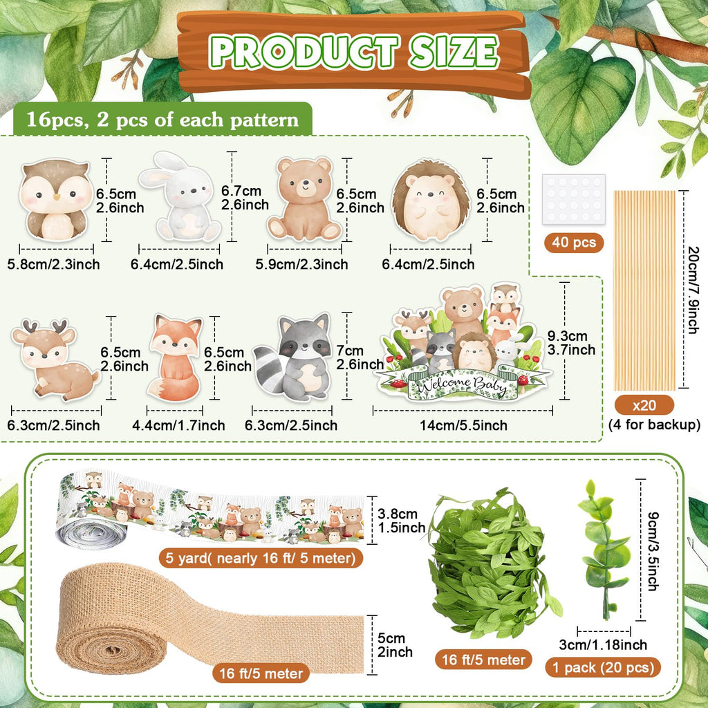 MotiMind Woodland Baby Shower DIY Diaper Cake Decoration Kit – Neutral Forest Animals, Burlap Ribbon, Sage Green Leaves